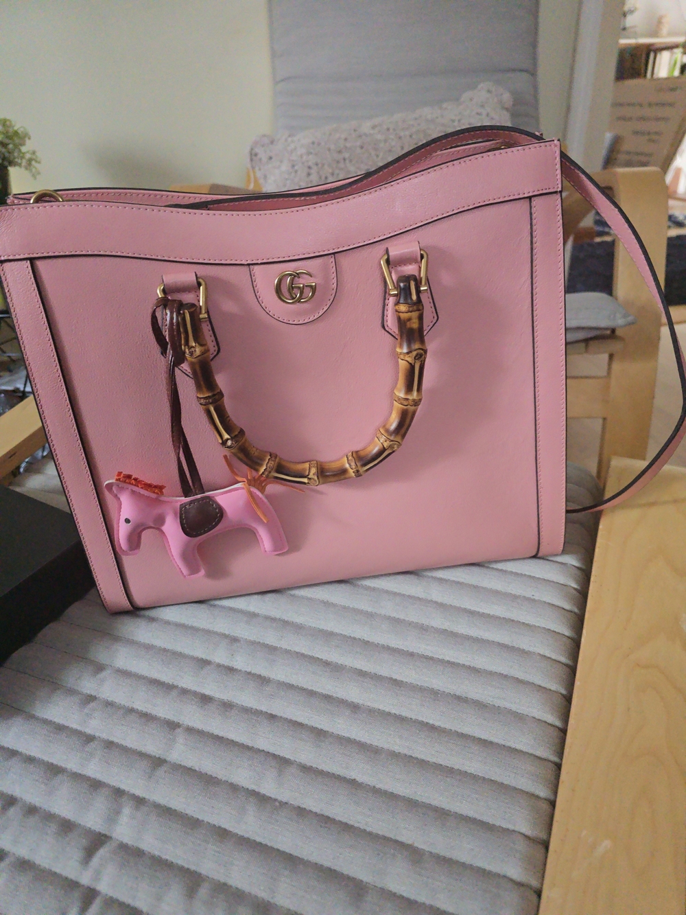 Pink Leather Shoulder Bag with Bamboo Handles